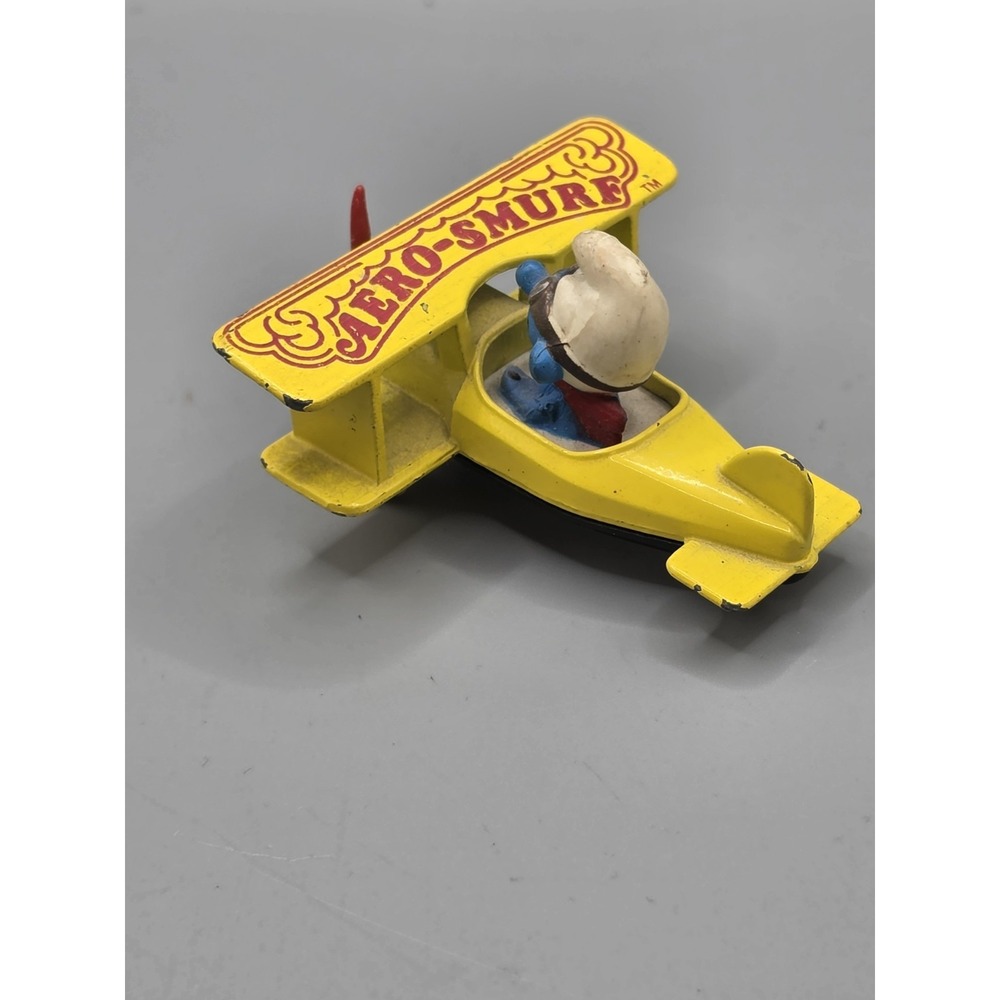 Vintage 1982 ERTL Aero Smurf Yellow Diecast Airplane Peyo Smurfs Toy Propeller - Picture 6 of 10